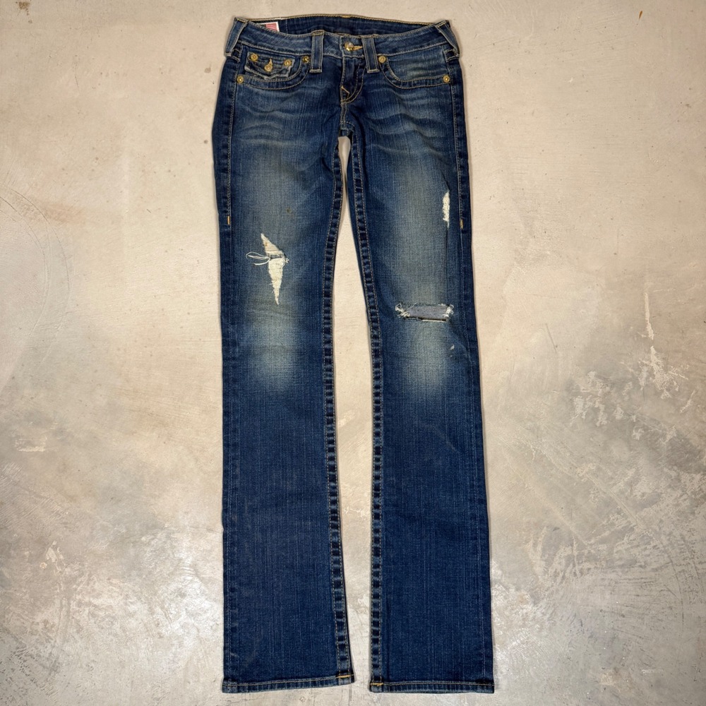 Vtg True Religion Billy Row Seat Distressed Low Rise Straight Leg Jeans Size 26